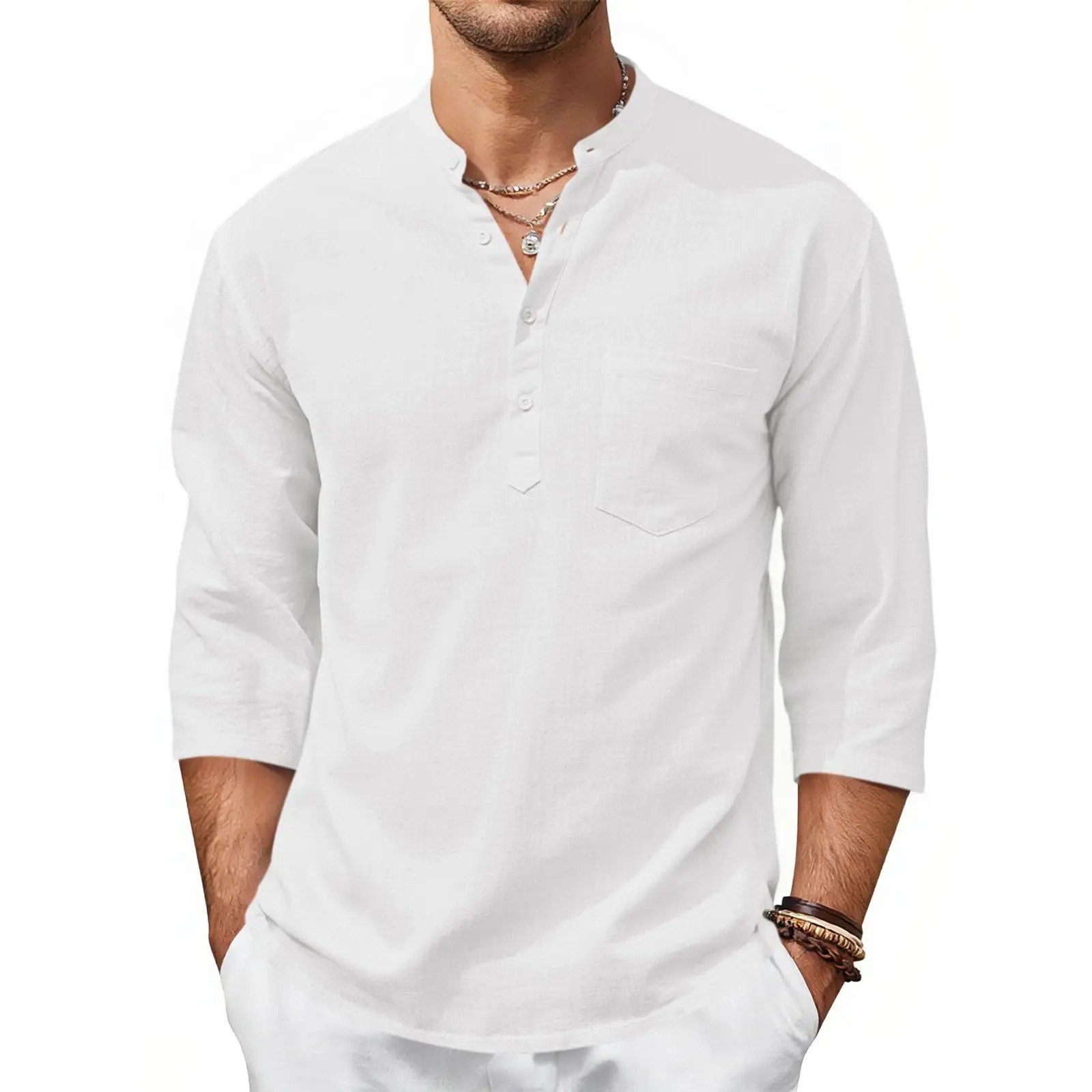 Men's Casual Henley Shirts 3/4 Sleeve Band Collar Cotton Linen Shirt Summer Beach Hippie T-Shirts with Pocket