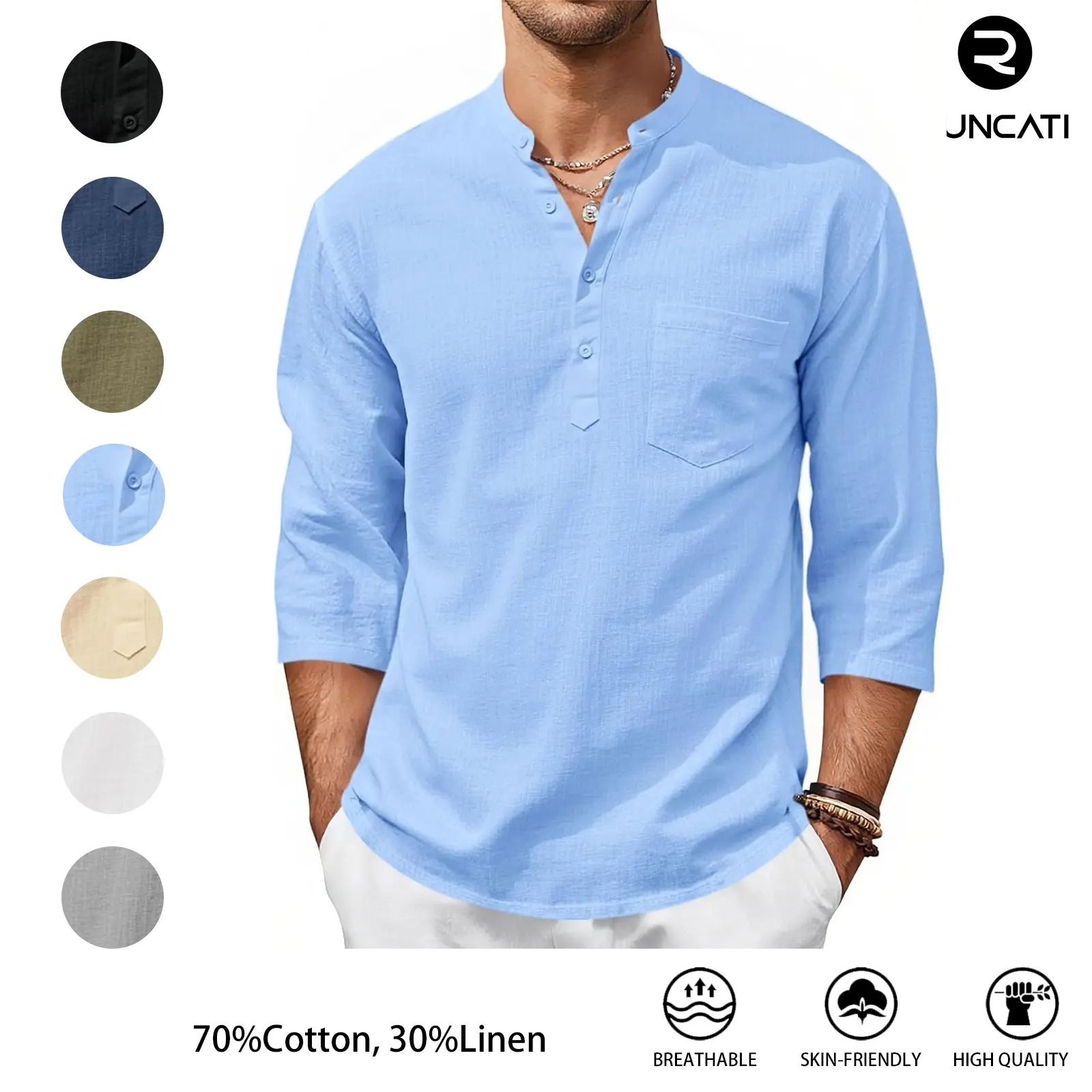 Men's Casual Henley Shirts 3/4 Sleeve Band Collar Cotton Linen Shirt Summer Beach Hippie T-Shirts with Pocket