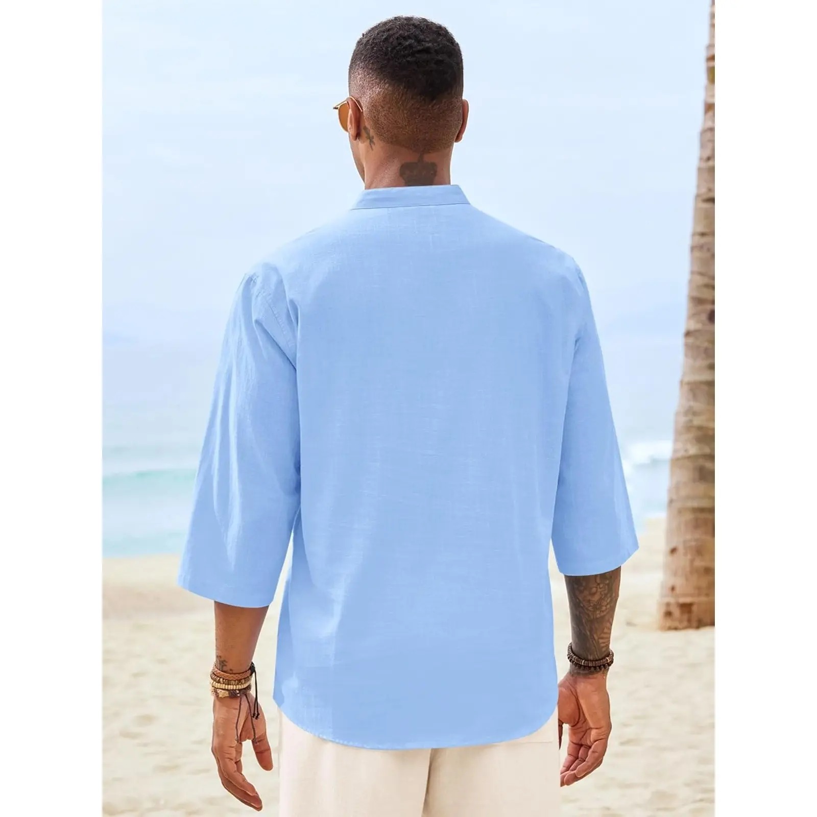 Men's Casual Henley Shirts 3/4 Sleeve Band Collar Cotton Linen Shirt Summer Beach Hippie T-Shirts with Pocket