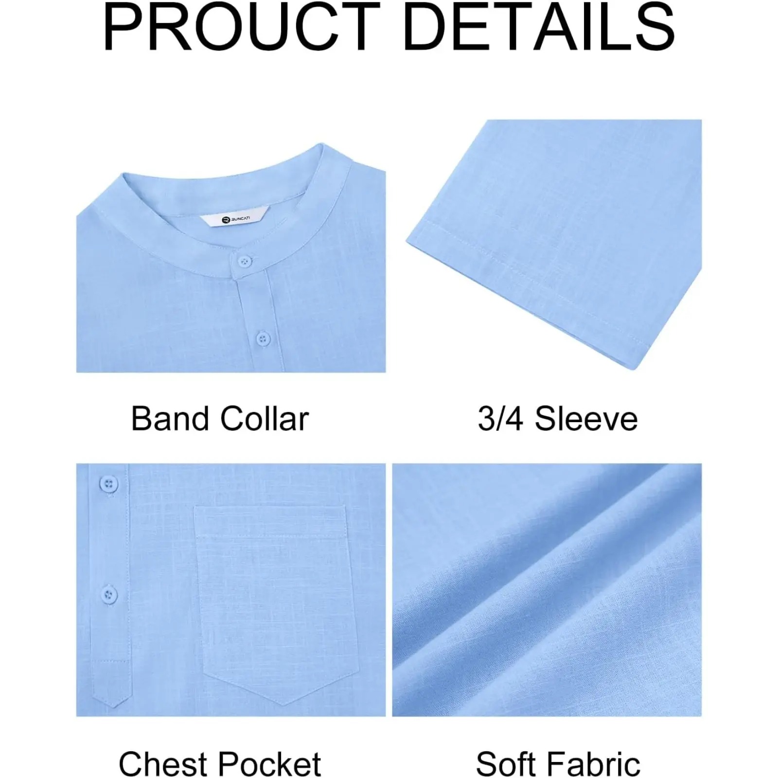 Men's Casual Henley Shirts 3/4 Sleeve Band Collar Cotton Linen Shirt Summer Beach Hippie T-Shirts with Pocket
