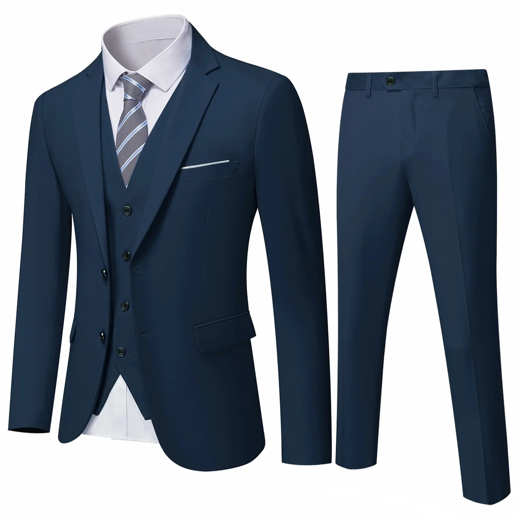 Men's 3-Piece Formal Suit Set Long Sleeve Blazer, Vest, Pants and Tie, Premium Business Wedding Groom Outfit