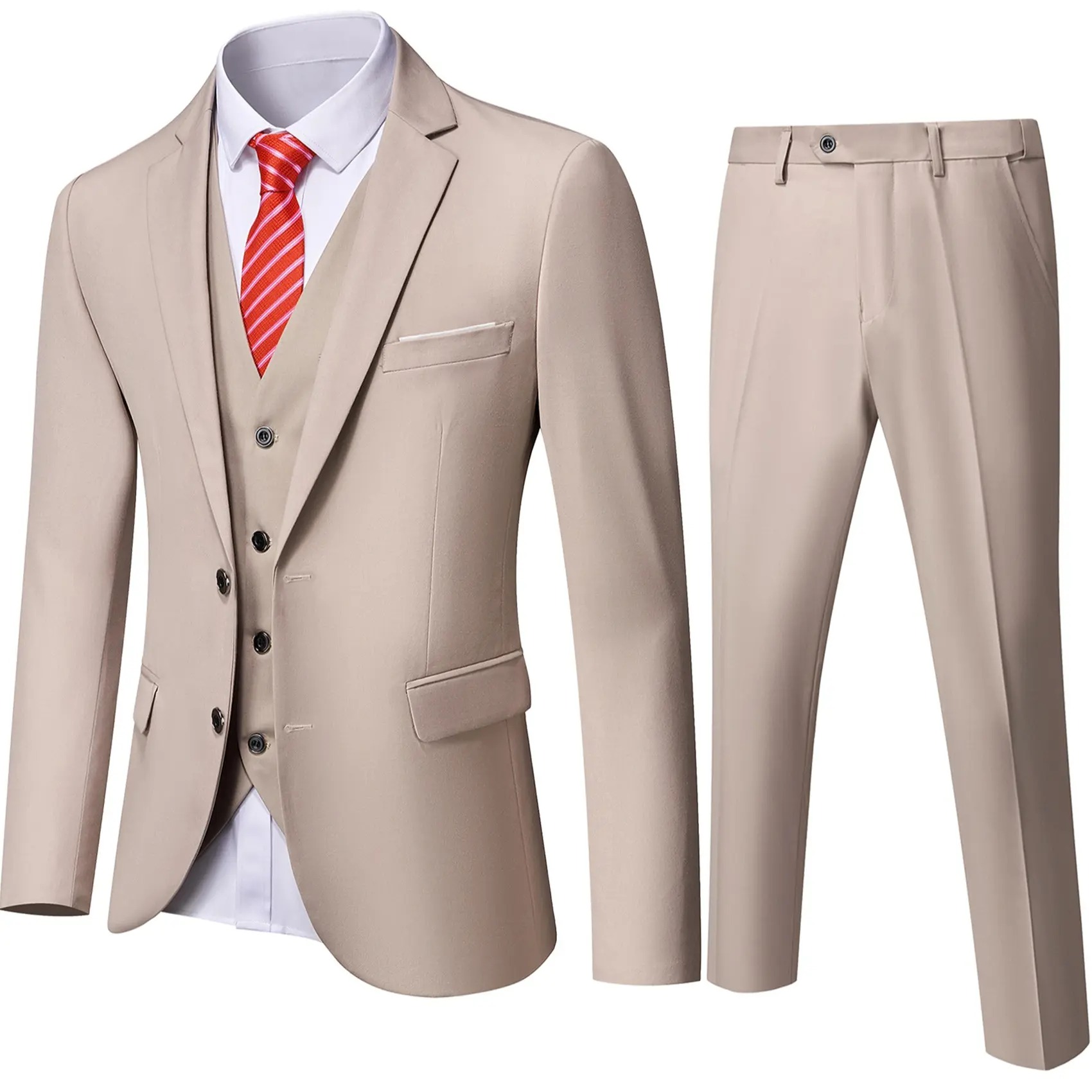 Men's 3-Piece Formal Suit Set Long Sleeve Blazer, Vest, Pants and Tie, Premium Business Wedding Groom Outfit