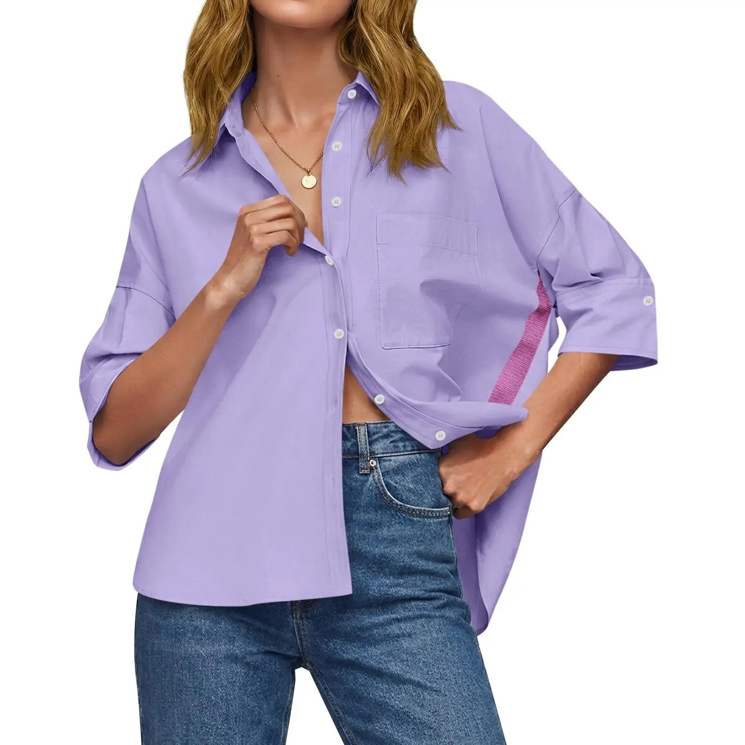 Women's Oversized V-Neck Button Down Blouse Half Sleeve High Low Loose Fit Business Casual Summer Tops