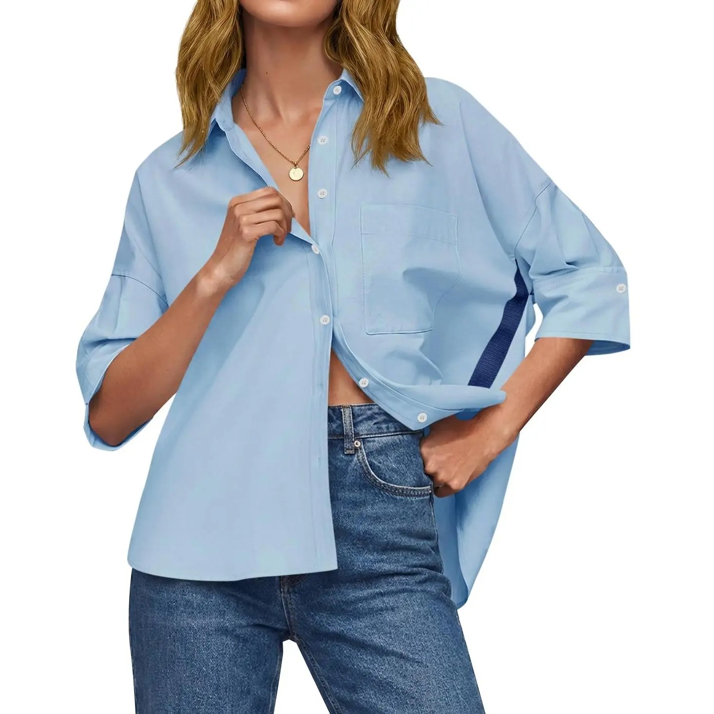 Women's Oversized V-Neck Button Down Blouse Half Sleeve High Low Loose Fit Business Casual Summer Tops