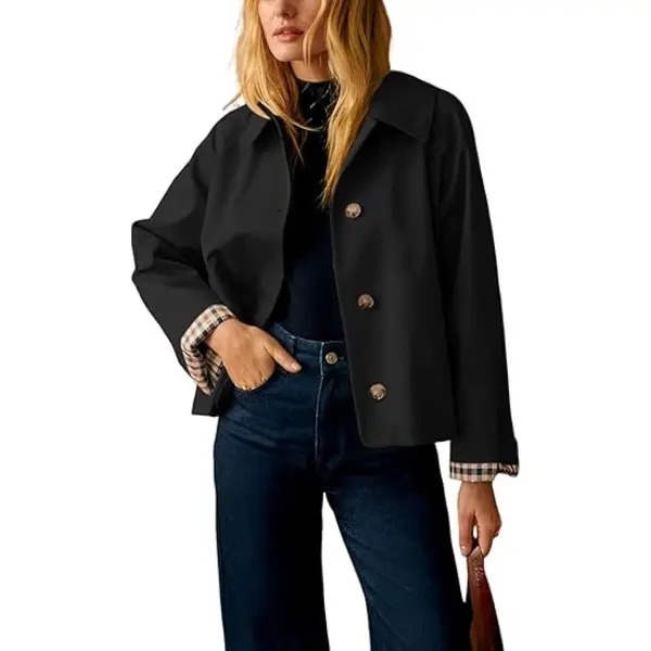 Women's Cropped Trench Coat Classic Lapel Oversized Casual Jacket with Plaid Lining, Lightweight Seasonal Outerwear
