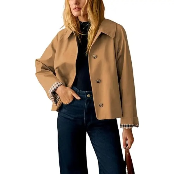 Women's Cropped Trench Coat Classic Lapel Oversized Casual Jacket with Plaid Lining, Lightweight Seasonal Outerwear