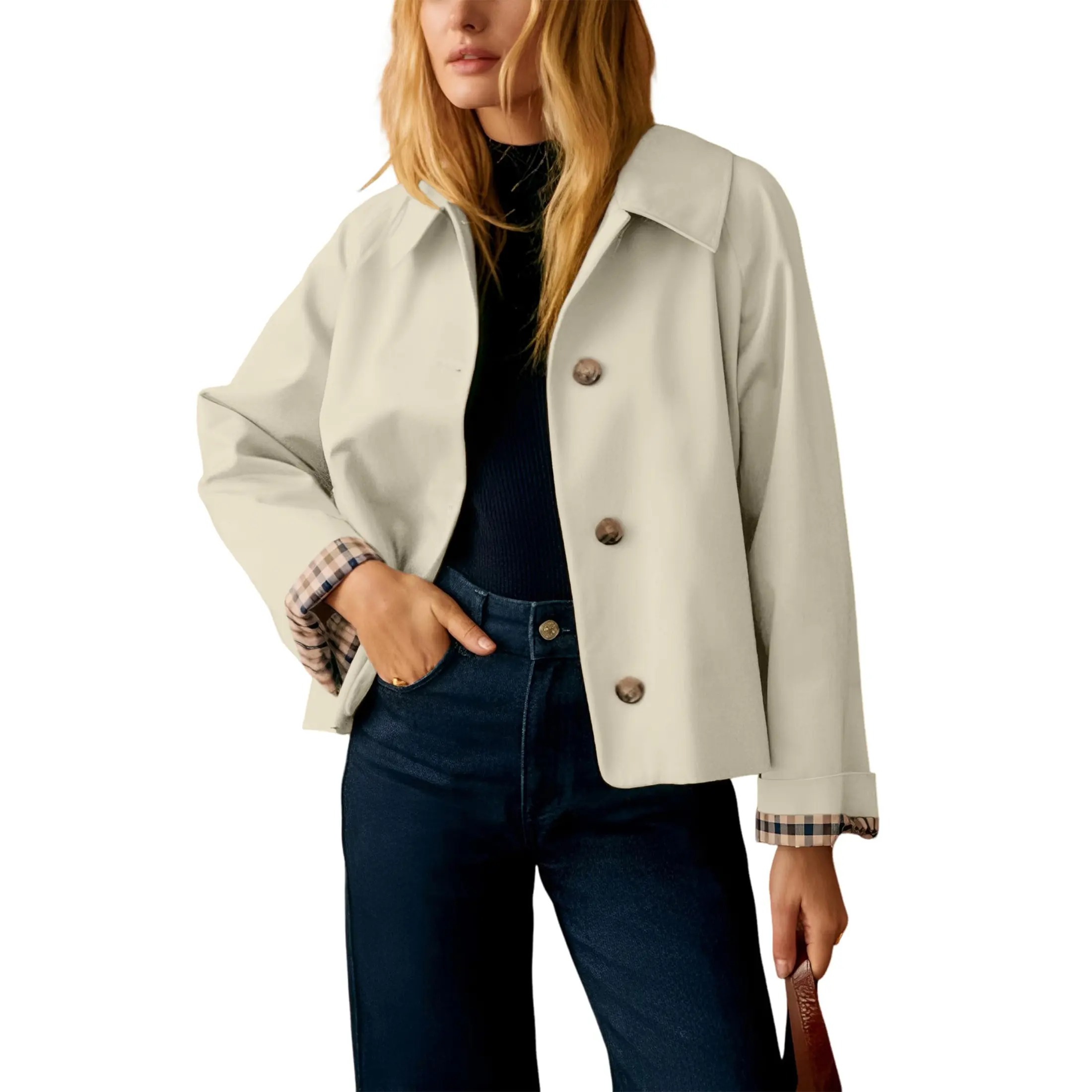 Women's Cropped Trench Coat Classic Lapel Oversized Casual Jacket with Plaid Lining, Lightweight Seasonal Outerwear