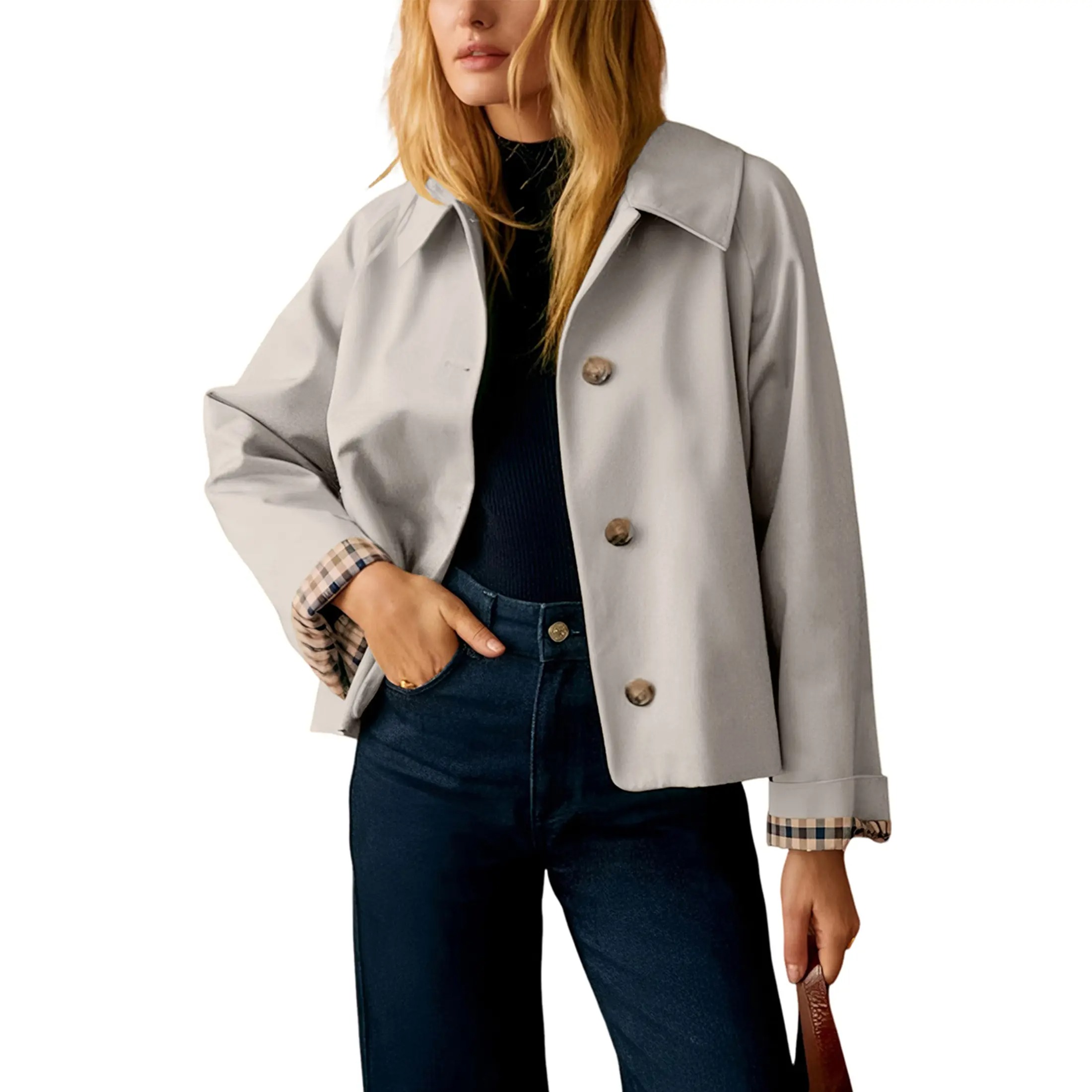 Women's Cropped Trench Coat Classic Lapel Oversized Casual Jacket with Plaid Lining, Lightweight Seasonal Outerwear