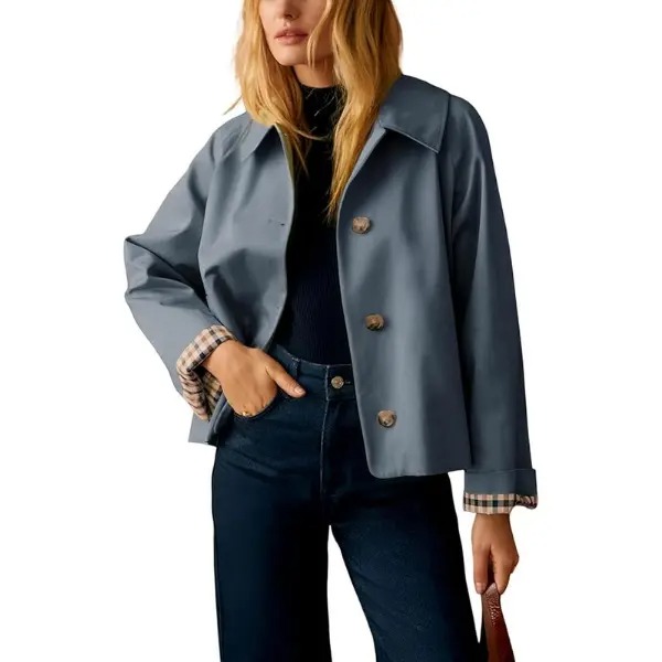 Women's Cropped Trench Coat Classic Lapel Oversized Casual Jacket with Plaid Lining, Lightweight Seasonal Outerwear