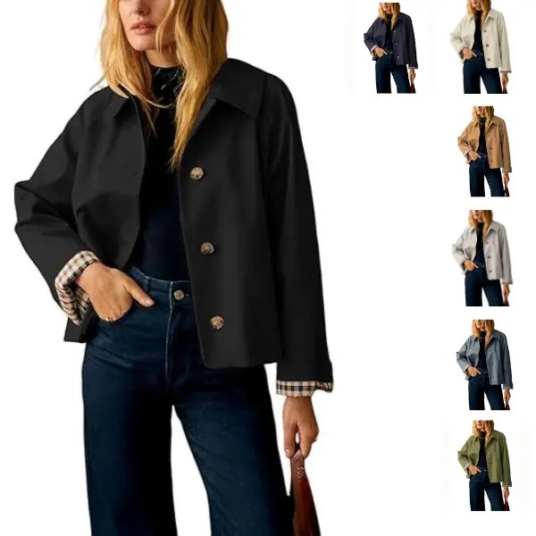 Women's Cropped Trench Coat Classic Lapel Oversized Casual Jacket with Plaid Lining, Lightweight Seasonal Outerwear