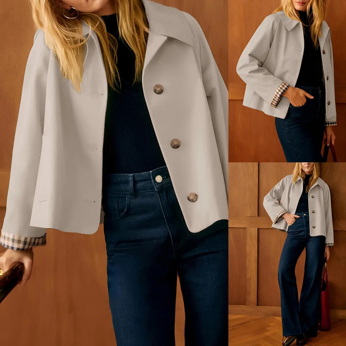 Women's Cropped Trench Coat Classic Lapel Oversized Casual Jacket with Plaid Lining, Lightweight Seasonal Outerwear