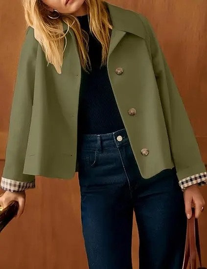 Women's Cropped Trench Coat Classic Lapel Oversized Casual Jacket with Plaid Lining, Lightweight Seasonal Outerwear