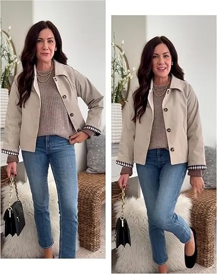 Women's Cropped Trench Coat Classic Lapel Oversized Casual Jacket with Plaid Lining, Lightweight Seasonal Outerwear