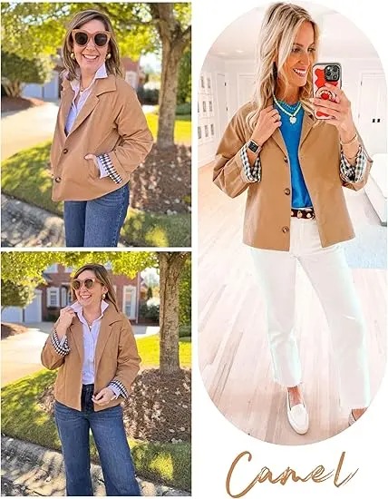 Women's Cropped Trench Coat Classic Lapel Oversized Casual Jacket with Plaid Lining, Lightweight Seasonal Outerwear