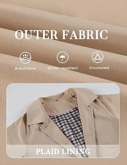 Women's Cropped Trench Coat Classic Lapel Oversized Casual Jacket with Plaid Lining, Lightweight Seasonal Outerwear