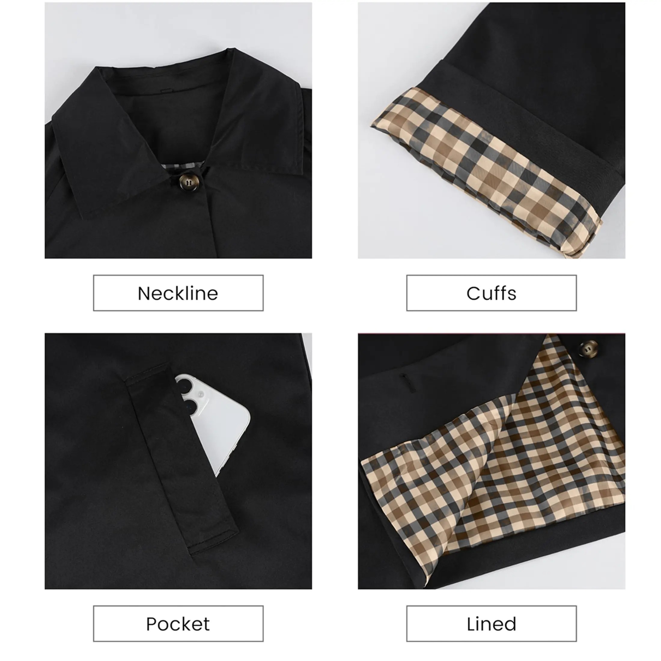 Women's Cropped Trench Coat Classic Lapel Oversized Casual Jacket with Plaid Lining, Lightweight Seasonal Outerwear