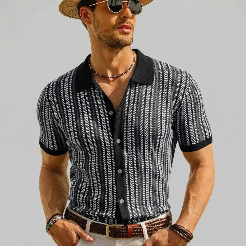 Men's Retro Button Front Knit Sweater Lightweight Non-Stretch Long Sleeve Shirt