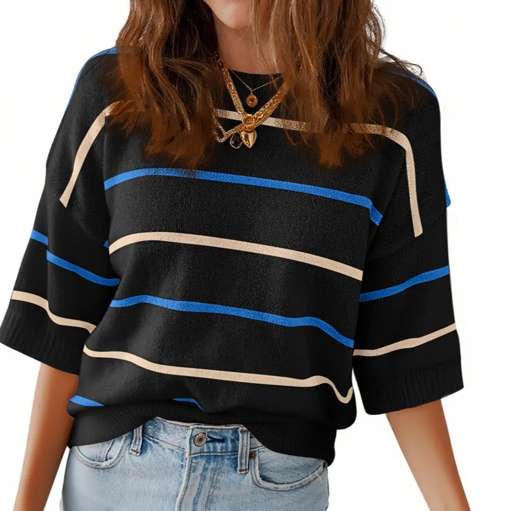 Women's Striped Knit Short Sleeve Pullover Top Ribbed Neck & Cuff Baggy Casual Everyday 