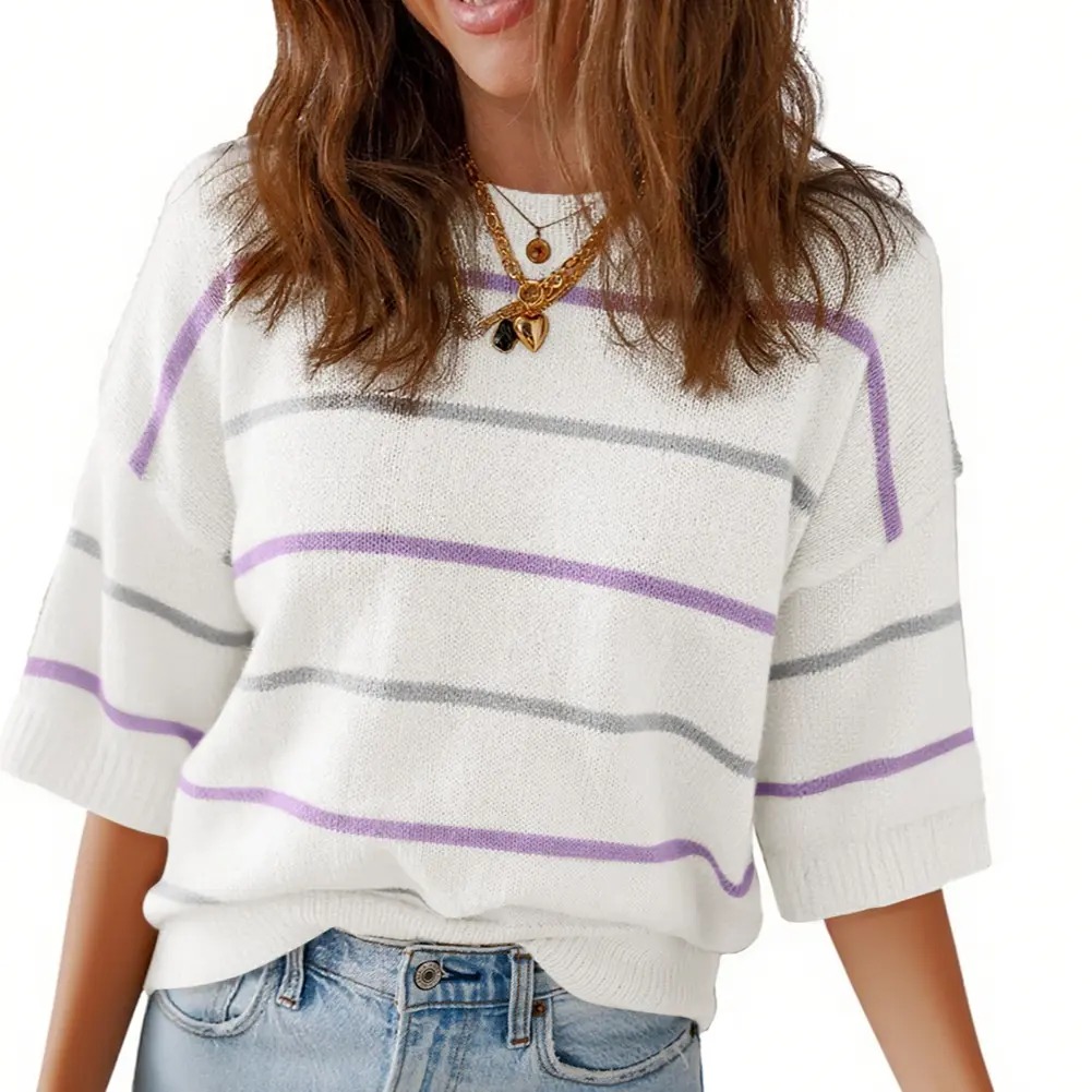 Women's Striped Knit Short Sleeve Pullover Top Ribbed Neck & Cuff Baggy Casual Everyday 