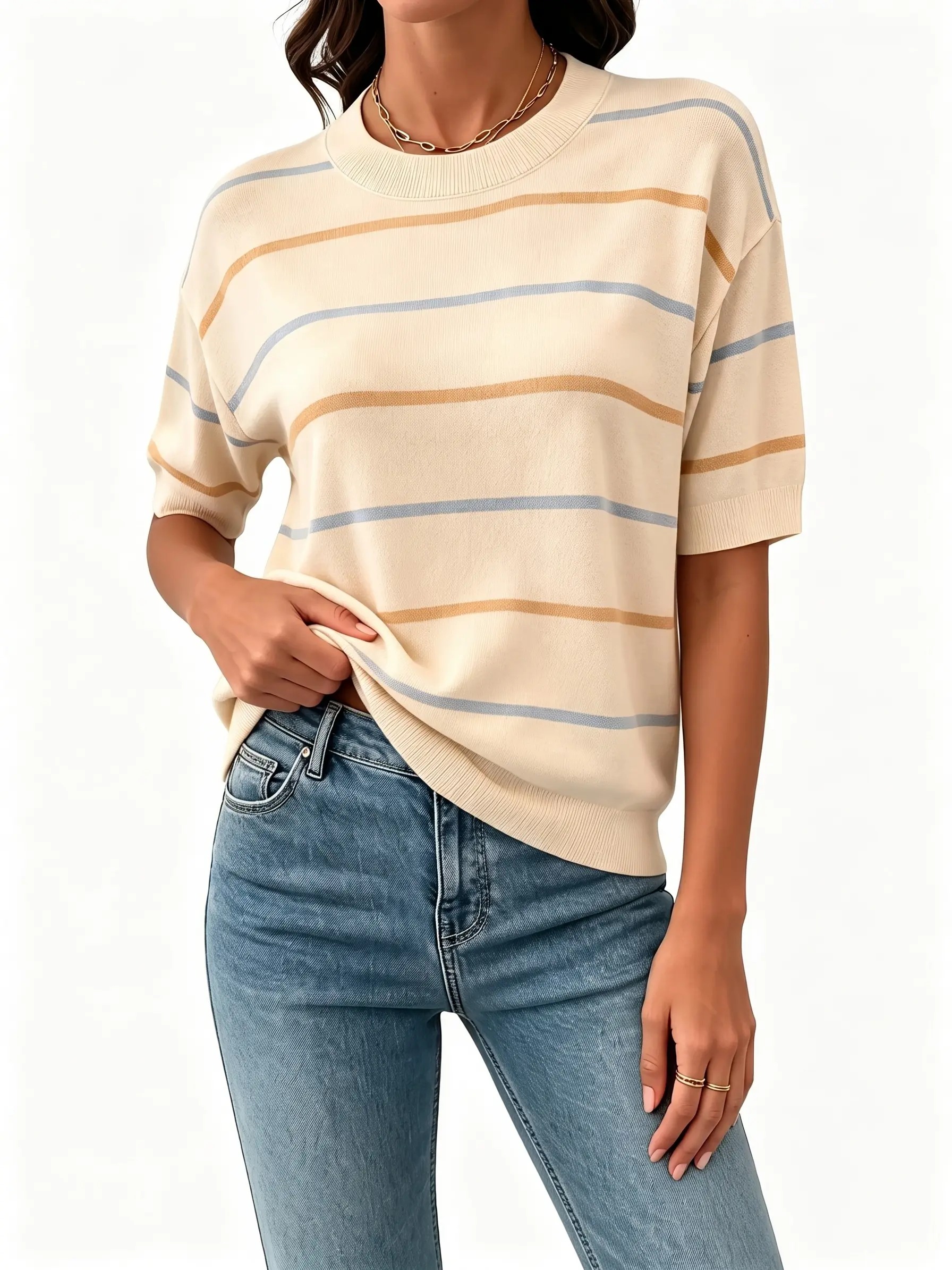 Women's Striped Knit Short Sleeve Pullover Top Ribbed Neck & Cuff Baggy Casual Everyday 