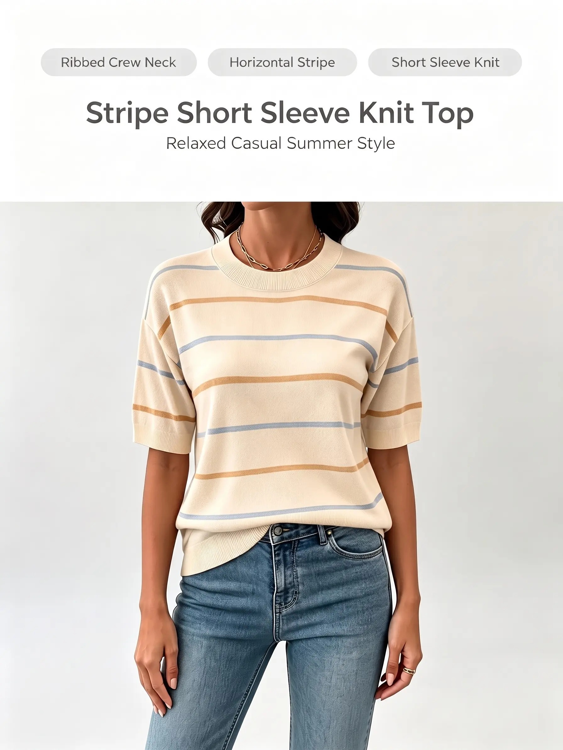 Women's Striped Knit Short Sleeve Pullover Top Ribbed Neck & Cuff Baggy Casual Everyday 