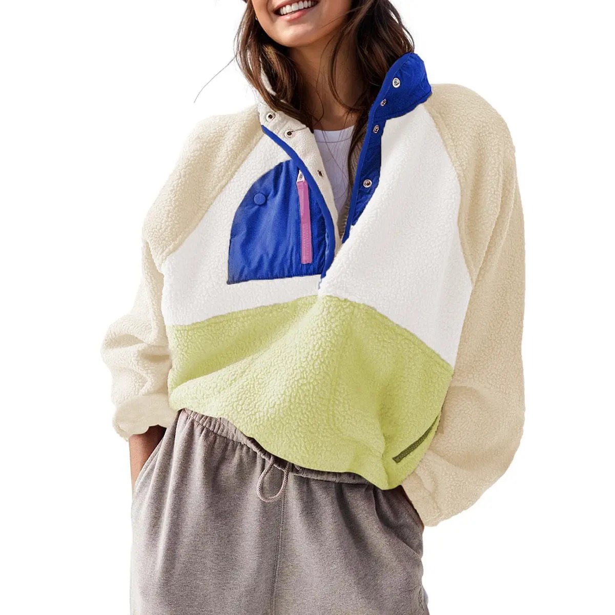 Women's Colorblock Cropped Sherpa Fleece Jacket Soft Long Sleeve Pullover with Pockets, Casual Trendy Layering Outerwear