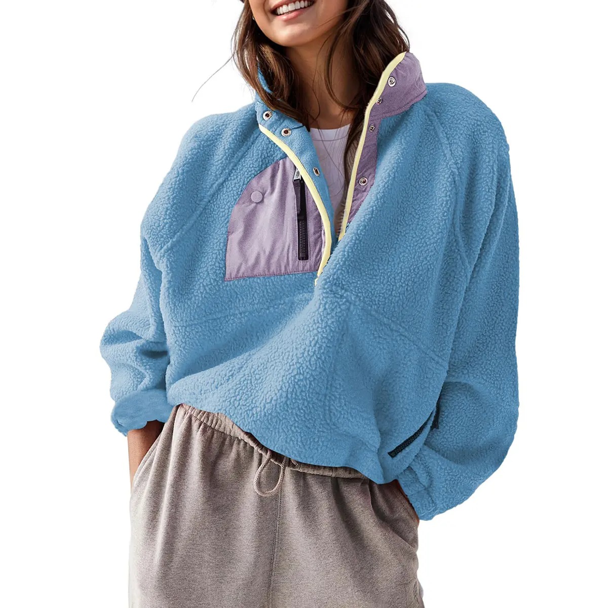 Women's Colorblock Cropped Sherpa Fleece Jacket Soft Long Sleeve Pullover with Pockets, Casual Trendy Layering Outerwear