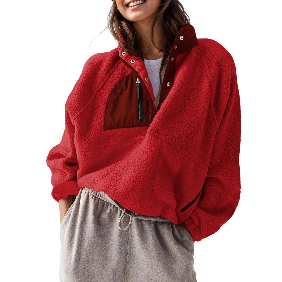 Women's Colorblock Cropped Sherpa Fleece Jacket Soft Long Sleeve Pullover with Pockets, Casual Trendy Layering Outerwear
