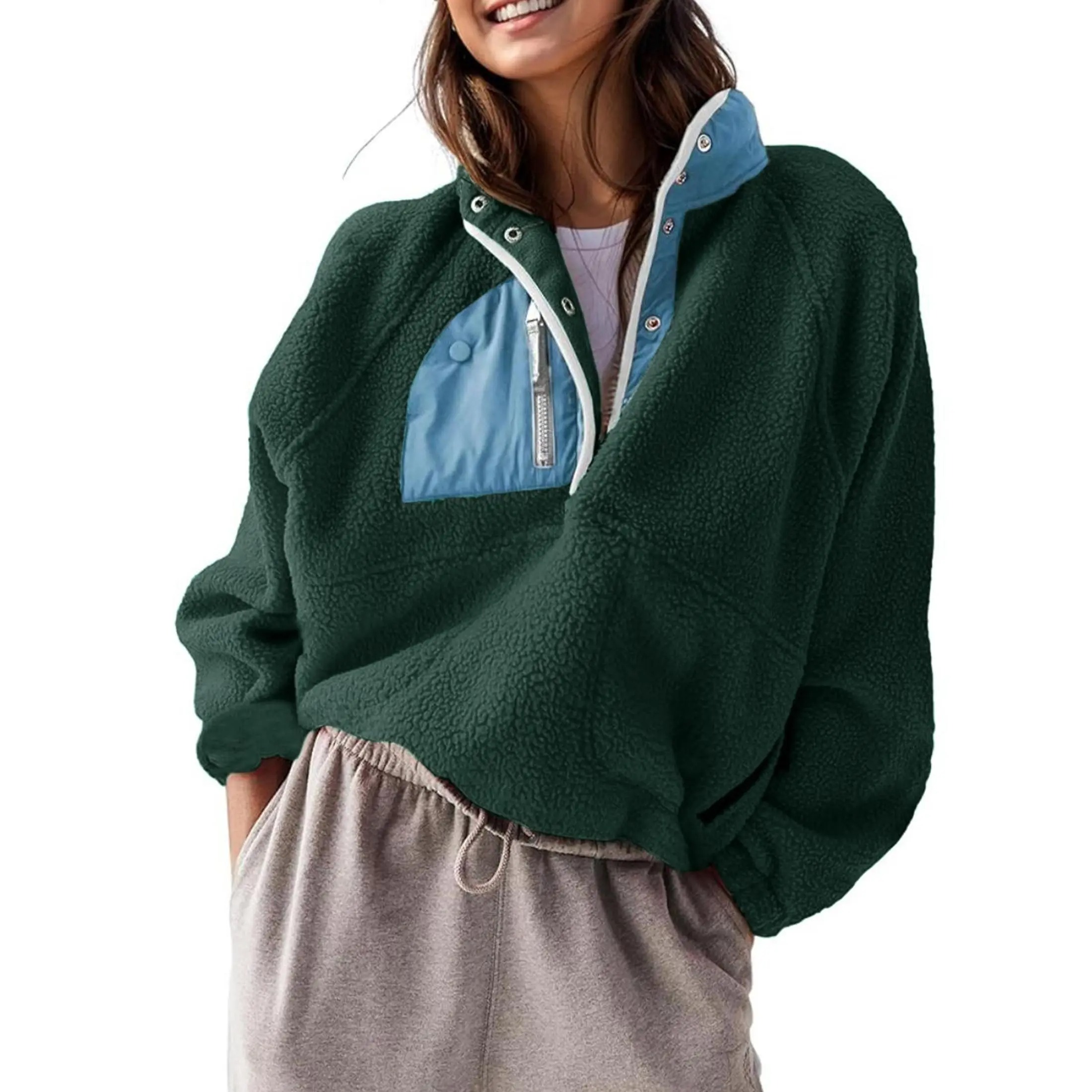 Women's Colorblock Cropped Sherpa Fleece Jacket Soft Long Sleeve Pullover with Pockets, Casual Trendy Layering Outerwear