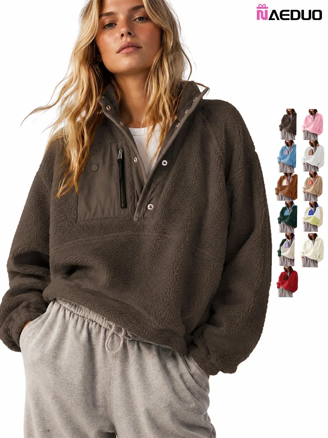 Women's Colorblock Cropped Sherpa Fleece Jacket Soft Long Sleeve Pullover with Pockets, Casual Trendy Layering Outerwear