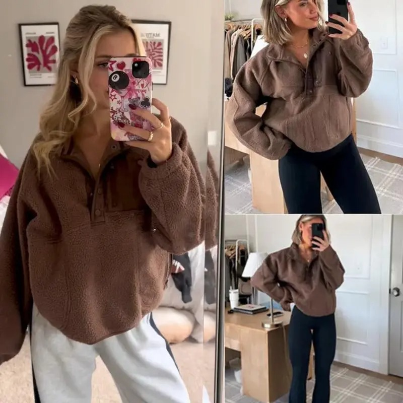 Women's Colorblock Cropped Sherpa Fleece Jacket Soft Long Sleeve Pullover with Pockets, Casual Trendy Layering Outerwear
