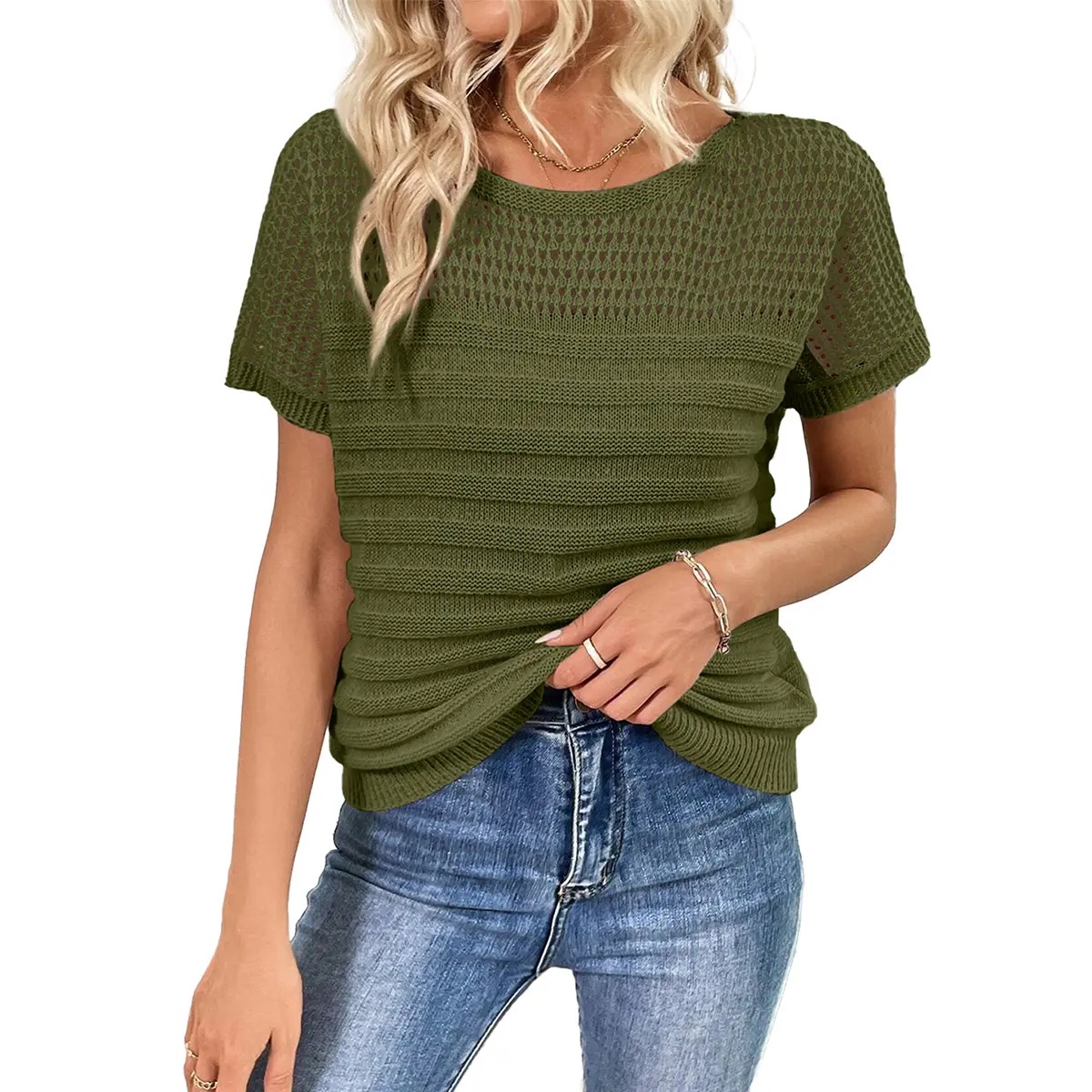 Women's Hollow Out Knit Sweater Short Sleeve Crew Neck Minimalist Pullover, Soft Acrylic Casual Summer