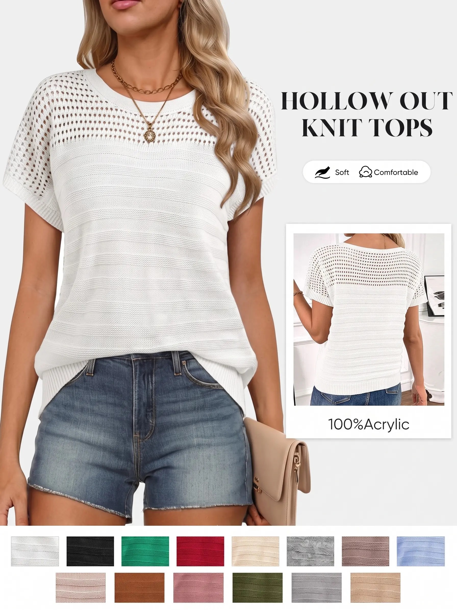 Women's Hollow Out Knit Sweater Short Sleeve Crew Neck Minimalist Pullover, Soft Acrylic Casual Summer