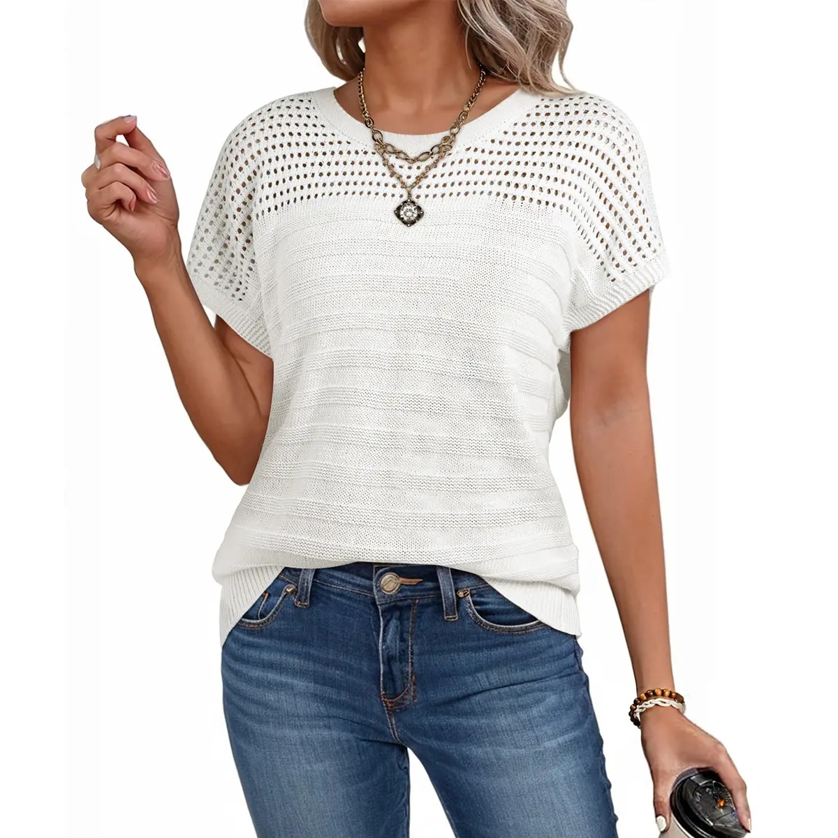 Women's Hollow Out Knit Sweater Short Sleeve Crew Neck Minimalist Pullover, Soft Acrylic Casual Summer