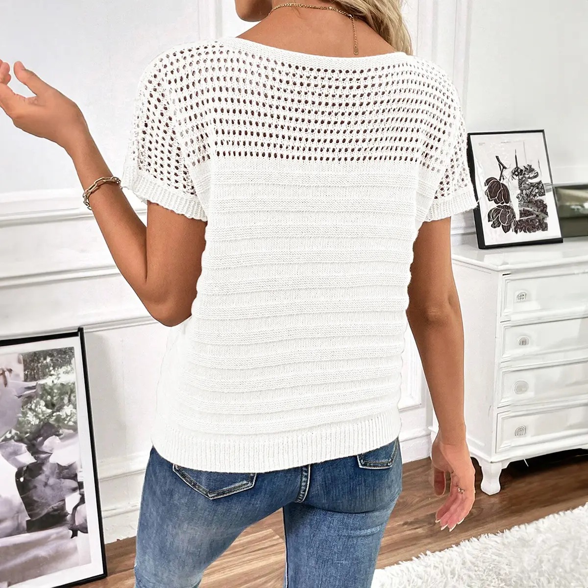 Women's Hollow Out Knit Sweater Short Sleeve Crew Neck Minimalist Pullover, Soft Acrylic Casual Summer