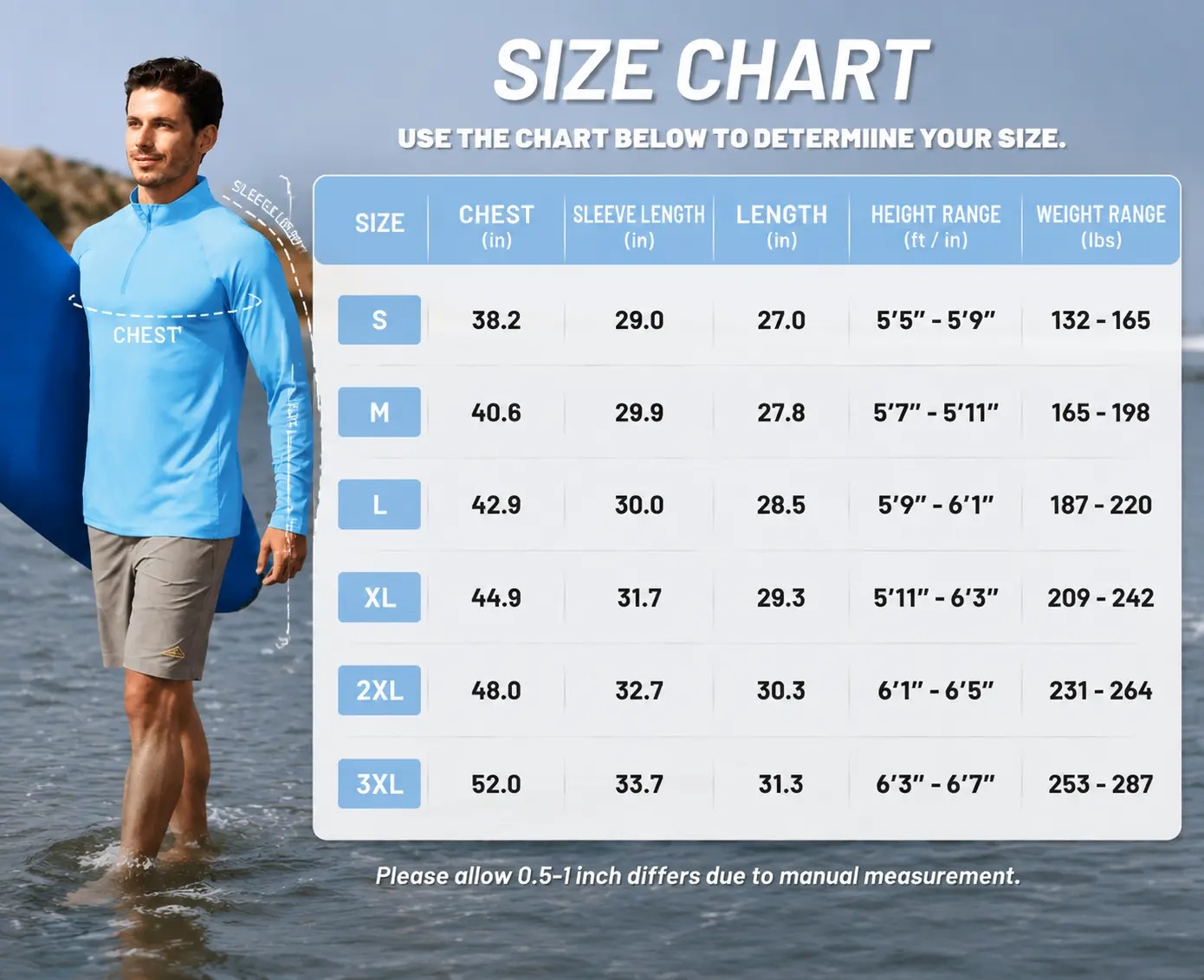 Men's 1/4 Zip Long Sleeve Shirt, UPF 50+ Quick Dry Lightweight Rash Guard, Outdoor Sports Casual Tops for Hiking Running