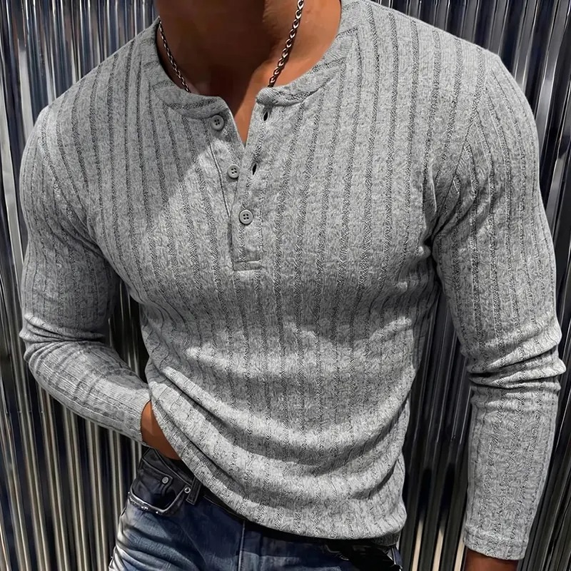 Men's Ribbed Henley Long Sleeve Shirt - Slim Fit Stretch Knit Pullover, Soft Breathable Casual Fashion Tee