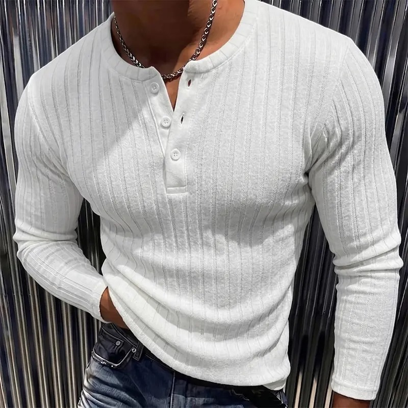 Men's Ribbed Henley Long Sleeve Shirt - Slim Fit Stretch Knit Pullover, Soft Breathable Casual Fashion Tee