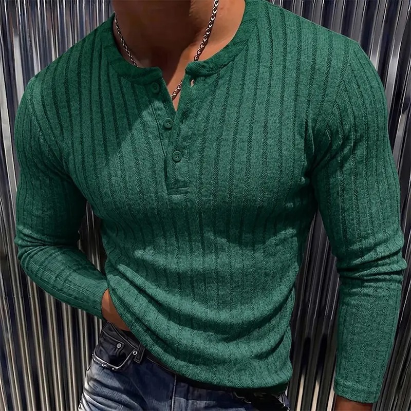 Men's Ribbed Henley Long Sleeve Shirt - Slim Fit Stretch Knit Pullover, Soft Breathable Casual Fashion Tee