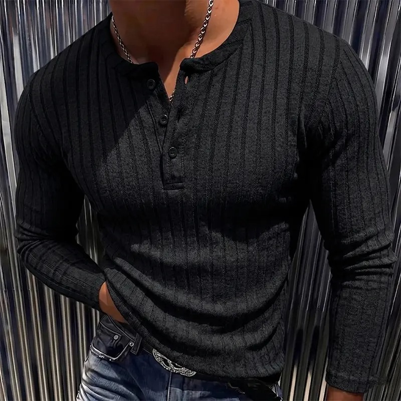 Men's Ribbed Henley Long Sleeve Shirt - Slim Fit Stretch Knit Pullover, Soft Breathable Casual Fashion Tee
