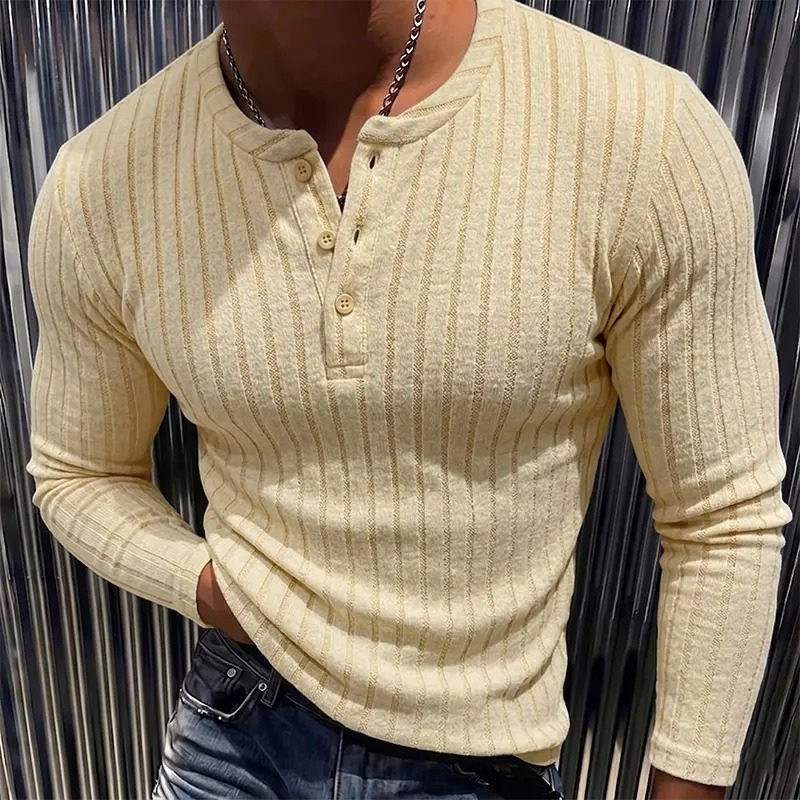 Men's Ribbed Henley Long Sleeve Shirt - Slim Fit Stretch Knit Pullover, Soft Breathable Casual Fashion Tee