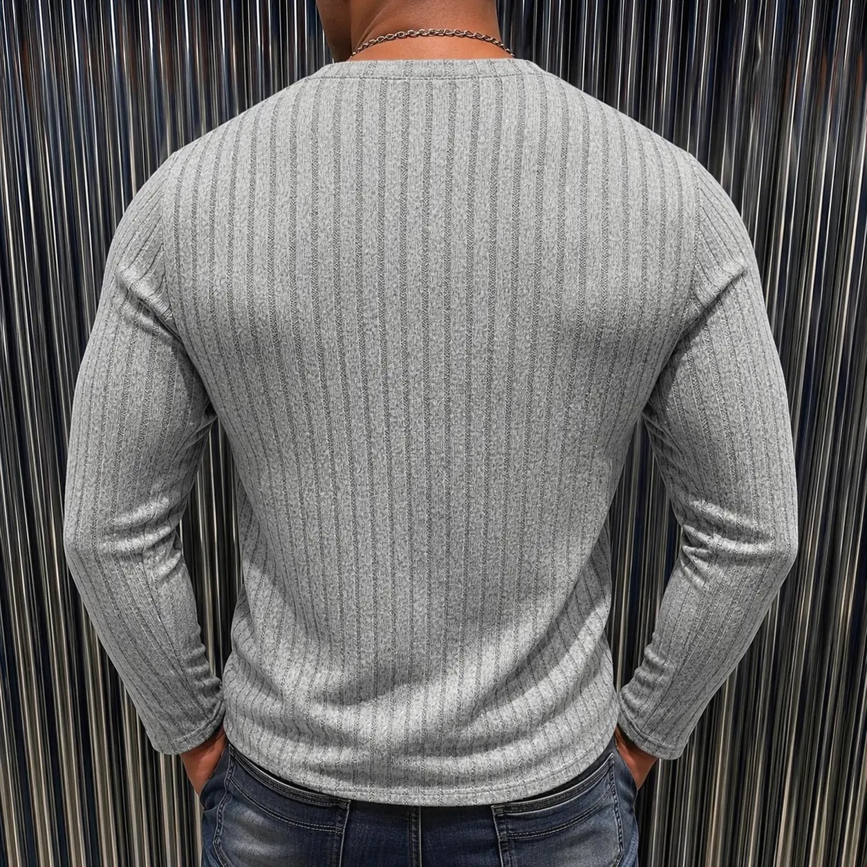 Men's Ribbed Henley Long Sleeve Shirt - Slim Fit Stretch Knit Pullover, Soft Breathable Casual Fashion Tee