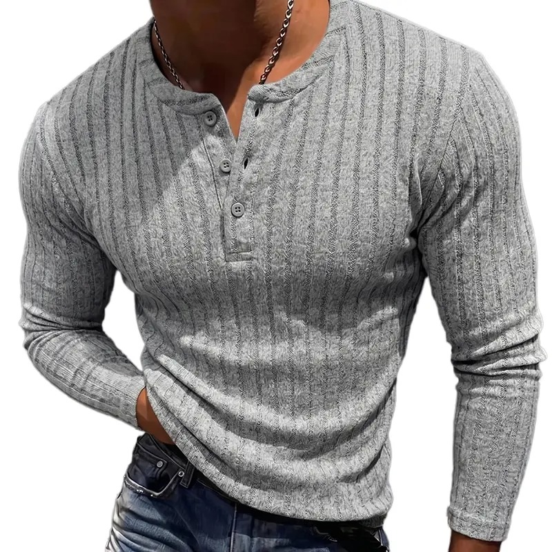 Men's Ribbed Henley Long Sleeve Shirt - Slim Fit Stretch Knit Pullover, Soft Breathable Casual Fashion Tee