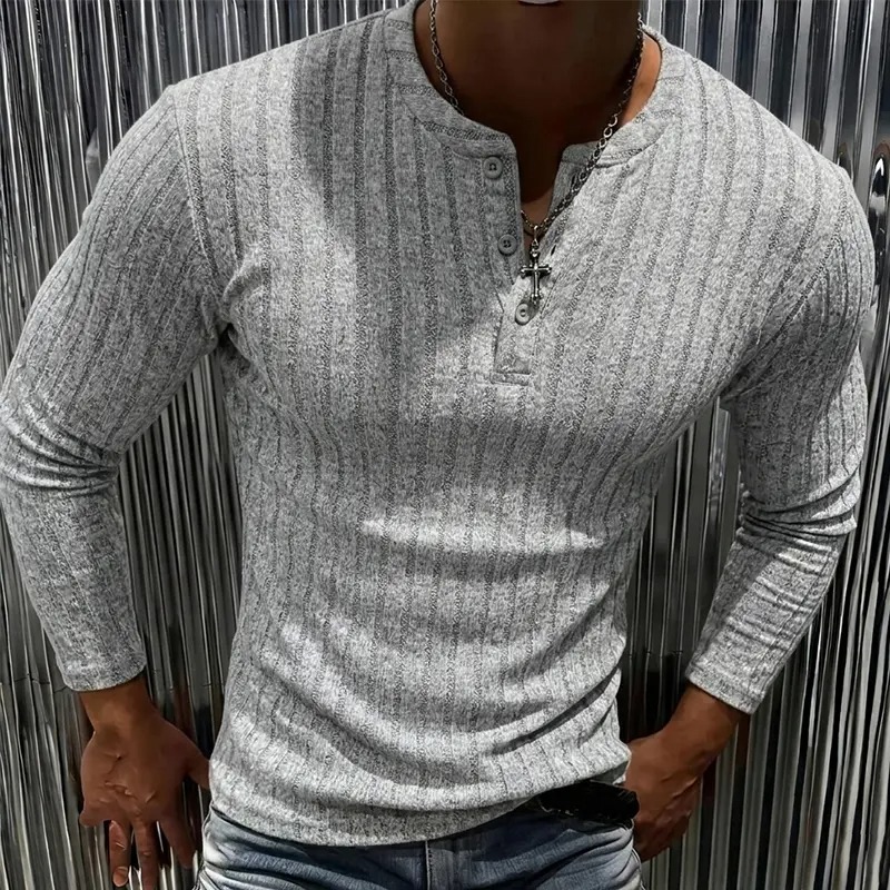 Men's Ribbed Henley Long Sleeve Shirt - Slim Fit Stretch Knit Pullover, Soft Breathable Casual Fashion Tee