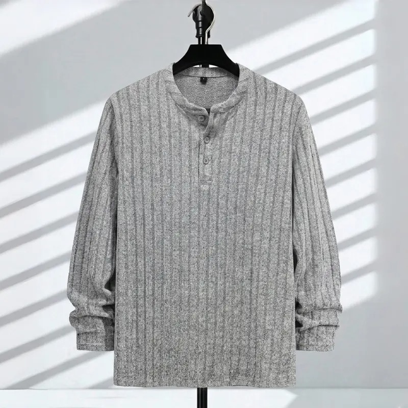 Men's Ribbed Henley Long Sleeve Shirt - Slim Fit Stretch Knit Pullover, Soft Breathable Casual Fashion Tee