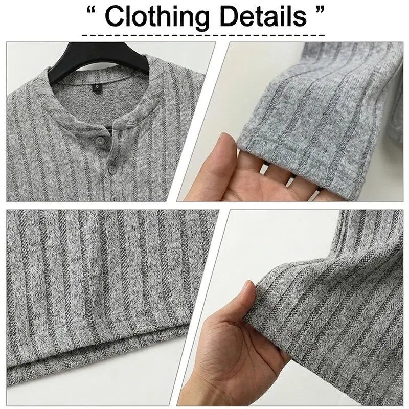 Men's Ribbed Henley Long Sleeve Shirt - Slim Fit Stretch Knit Pullover, Soft Breathable Casual Fashion Tee