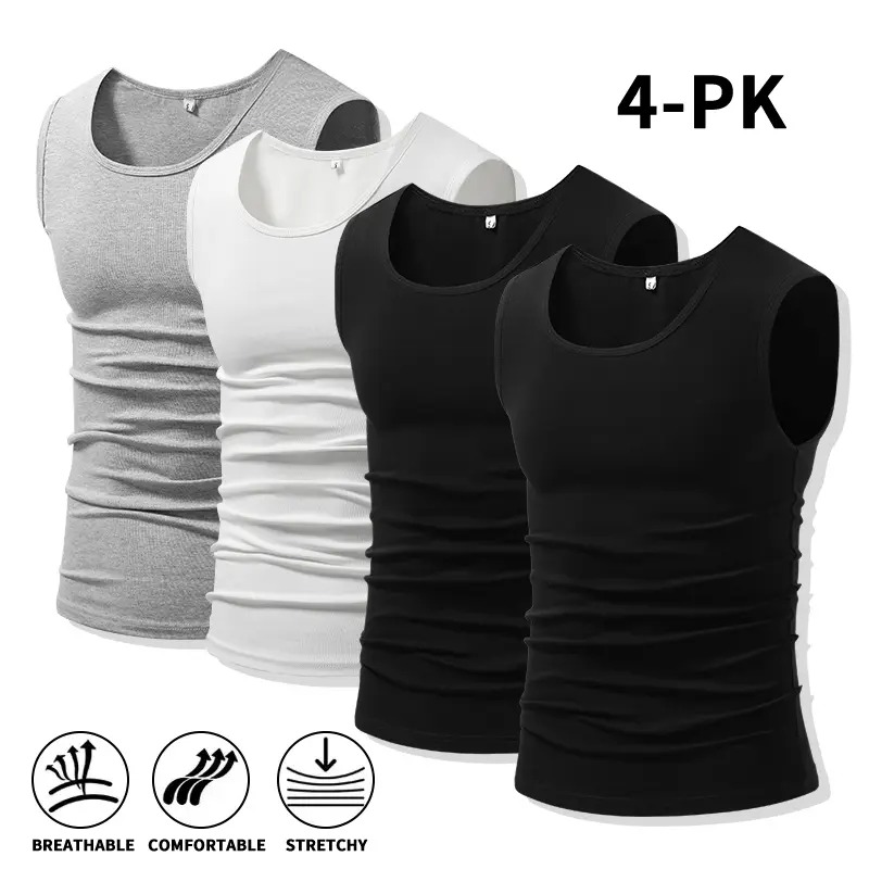 Men's Cotton Muscle Tank Tops, High Elastic Breathable Sleeveless Workout Sports Undershirt, Casual Summer Lifestyle Beater Tops