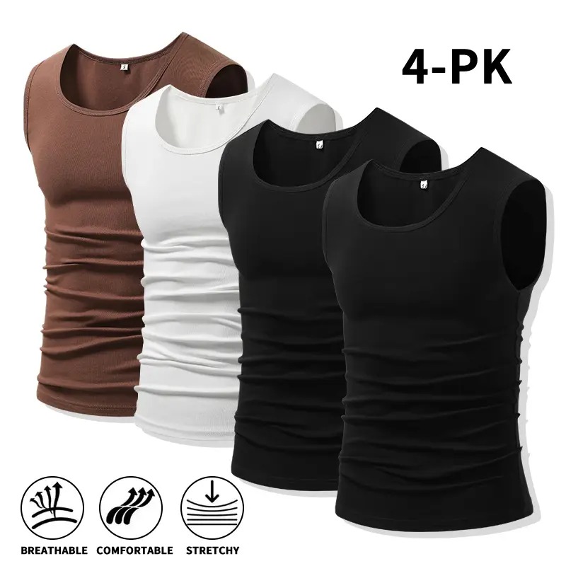 Men's Cotton Muscle Tank Tops, High Elastic Breathable Sleeveless Workout Sports Undershirt, Casual Summer Lifestyle Beater Tops