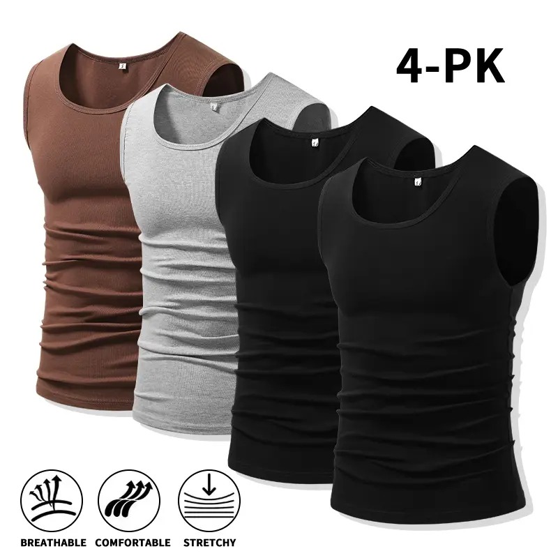 Men's Cotton Muscle Tank Tops, High Elastic Breathable Sleeveless Workout Sports Undershirt, Casual Summer Lifestyle Beater Tops