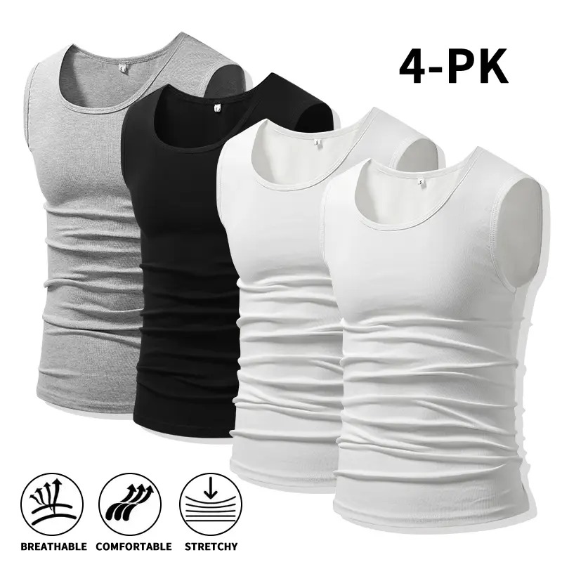 Men's Cotton Muscle Tank Tops, High Elastic Breathable Sleeveless Workout Sports Undershirt, Casual Summer Lifestyle Beater Tops